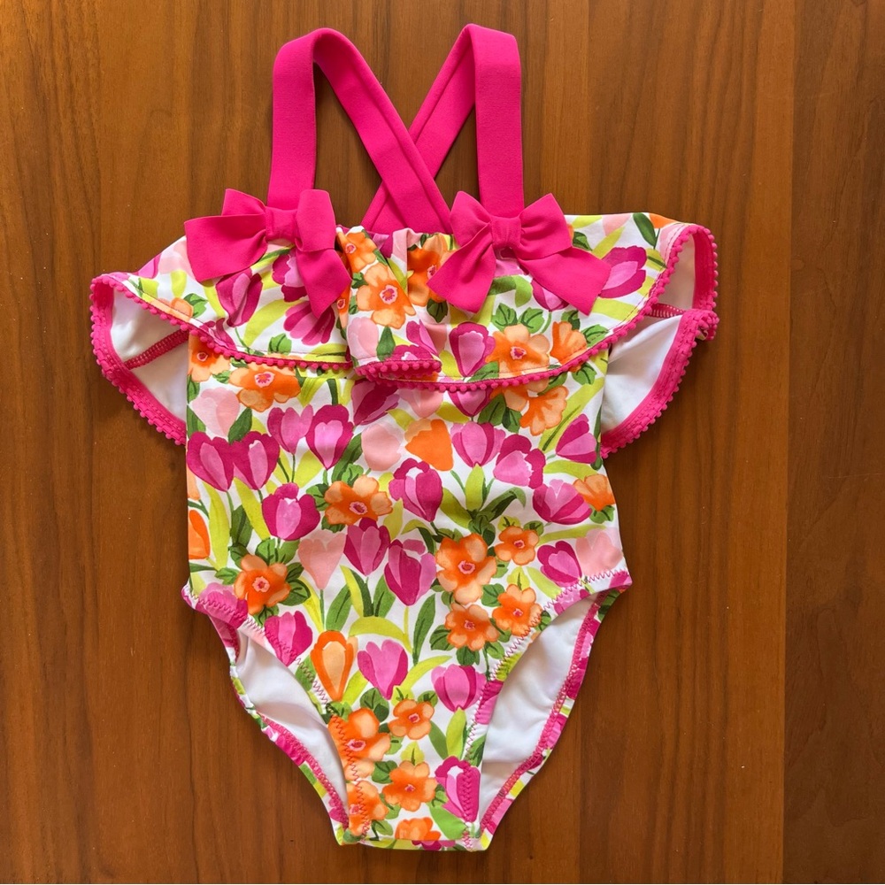 MAYORAL | NWOT Floral Swimsuit with Pink Bows Size 18 mo